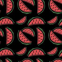 Seamless watermelon vector pattern. Colored doodle vector with watermelon icons isolated on black background. Vintage watermelon pattern, sweet elements background for your project