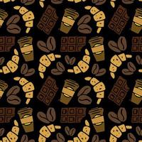 Seamless pattern with coffe, croissant and chocolate icons. vector food icons