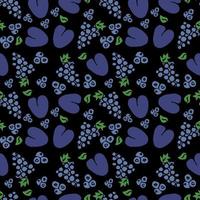 grape and plum on black background. vector food icons. Colored seamless pattern with blue fruit icons.