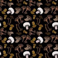 Seamless vector colored pattern with mushrooms. Doodle vector with mushroom icons on black background. Vintage mushroom pattern, sweet elements background for your project