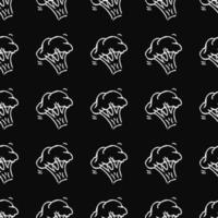 Seamless broccoli pattern. Doodle vector broccoli icons on black background. Vintage broccoli pattern, sweet elements background for your project, menu, cafe shop.