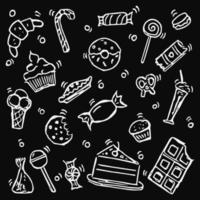 Vector illustration with sweet food. Doodle vector with sweet food icons on black background. Vintage sweets illustration, sweet elements background for your project, menu, cafe shop.