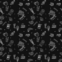 Seamless cafe vector pattern. Doodle vector with cafe icons on black background. Vintage coffe shop icons,sweet elements background for your project, menu, cafe shop.