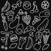 Set icons on the theme of food. Food vector. Doodle vector with food icons on black background.