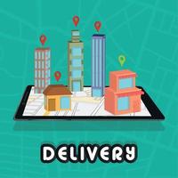 Group of different buildings connected on a delivery app Delivery concept Vector