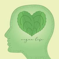 vista lateral de un cerebro de cabeza compuesto por hojas vector de cartel de estilo de vida vegano
