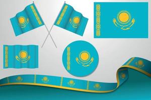 Set Of Kazakhstan Flags In Different Designs Icon Flaying Flags With ribbon With Background. vector