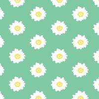 Hand drawn vector illustration of daisy flower with smiley face pattern in cartoon style. Pattern for textile, fabric, wrapping paper.