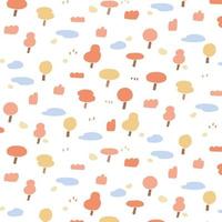 Hand drawn vector illustration of forest pattern  in minimal cartoon style. Tree doodle wallpaper for kids textile, fabric, wrapping paper, printed products. Cute simple.