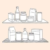 Set of Condiments hand drawn vector illustration with bottle,can,,box,glasses jar,Different sauces on wooden shelves