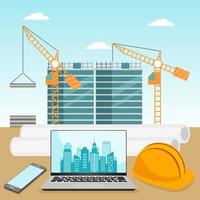 Construction Engineer Building Review Design on Site. Contractor Line Business. Vector Design Illustration