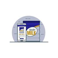 Ilustración de vector de concepto de compra en línea de leche de bebé. tecnología digital para compras