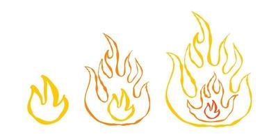 Vector set three icons of fire in hand drawing style. Vector illustrations of flame for games.