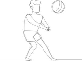 Simple continuous line young boy playing beach volley. summer time. Vector illustration.