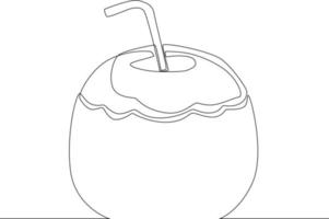 Simple continuous line drawing Coconut water with straw on the beach. The symbol of a holiday by the sea. Summer timer. Vector Illustration.