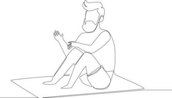 Simple continuous line drawing Man sit on the tropical beach. The symbol of a holiday by the sea. Summer timer. Vector Illustration.