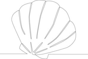 Single continuous line drawing, scallops shell on the beach. The symbol of a holiday by the sea. Summer timer. Vector Illustration.