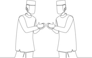 Continuous line drawing of two man greeting in muslim traditional way touching tip of finger. Ramadan kareem and ied mubarak. Vector illustration.