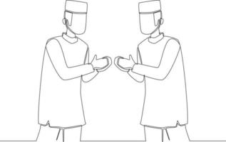 Continuous line drawing of two man greeting in muslim traditional way touching tip of finger. Ramadan kareem and ied mubarak. Vector illustration.