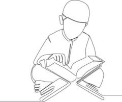Continuous line drawing of Young muslim reading Al Quran during month of Ramadan. Vector illustration.