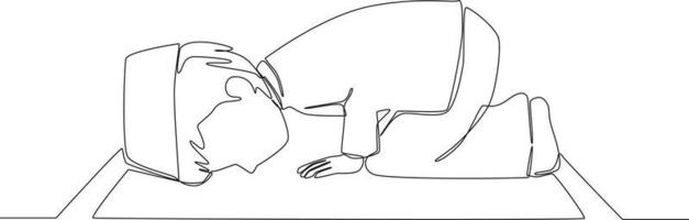 Continuous line drawing of young boy prayer for god in the mosque and knees praying. Vector illustration.