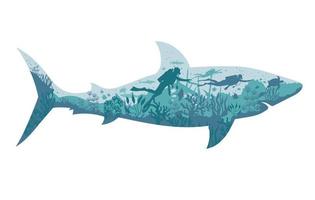 scuba diver with  the underwater live with a shark shape as a background vector