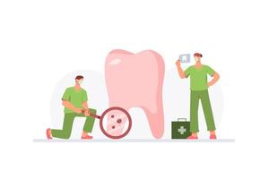 Dental care concept with doctors examining big tooth in flat design vector