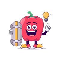red bell pepper playing skateboard cartoon mascot