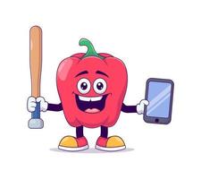 red bell pepper playing baseball cartoon mascot vector