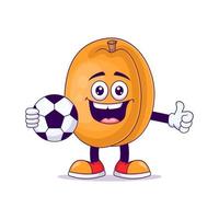 vector de personaje de mascota de dibujos animados de melocotón jugando fútbol