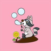 cute raccoon blowing bubbles vector