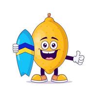 lemon playing surfing cartoon mascot character vector