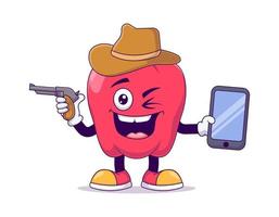 Cowboy red bell pepper cartoon mascot character vector