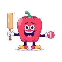 red bell pepper playing cricket cartoon mascot vector