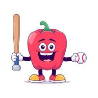 red bell pepper playing baseball cartoon mascot vector