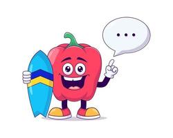 red bell pepper playing surfing cartoon mascot vector