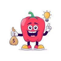 con bolsa de dinero mascota de dibujos animados de pimiento rojo vector