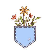 Lindas flores de primavera en un bolsillo aislado sobre fondo blanco. ilustración vectorial dibujada a mano en estilo garabato. perfecto para tarjetas, invitaciones, decoraciones, logo, varios diseños. vector