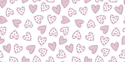 Cute seamless pattern with pink doodle hearts. Vector hand-drawn illustration. Perfect for Valentine's Day and holiday designs,  print, decorations, wrapping paper, covers, invitations, cards.