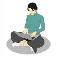 Business woman with short hair doing work on her laptop. Flat cartoon style. Vector illustration