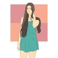 Beautiful teenage girl with long hair in flat cartoon style. Vector illustration
