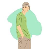 Male character wearing hat and casual clothes in flat cartoon style. Vector illustration