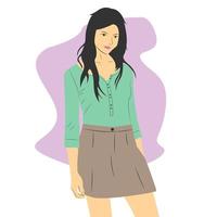 Beautiful and cute woman standing and posing wearing casual clothes. Flat cartoon vector illustration