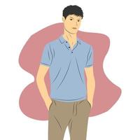 Handsome male character is standing and posing wearing casual clothes. Flat cartoon vector illustration