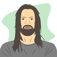 Male character with long hair and beard. Flat cartoon vector illustration