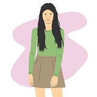 Beautiful and cute female character wearing t-shirt and mini skirt. Flat cartoon vector illustration