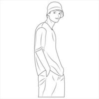 Cartoon character for coloring book. A man wearing hat and casual clothes. Vector illustration