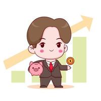 Cute cartoon character of businessman holding piggy bank and coin. Hand drawn style flat character isolated background