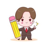 Cute cartoon character of businessman holding a pencil showing thumb up. Hand drawn style flat character isolated background vector