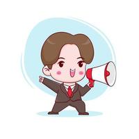 Cute cartoon character of businessman talking into megaphone. Hand drawn style flat character isolated background vector